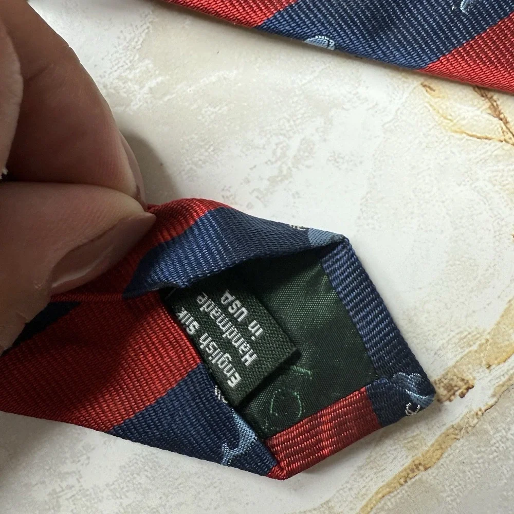 NWT J. Crew Men's Silk Necktie Diagonal Stripe Whale Print Red Blue 3 1/2